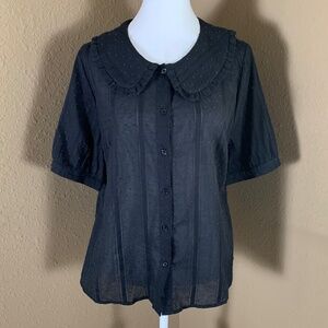 Allegra K Black Peter Pan Collar Puff Sleeve Cotton Blouse L NWT